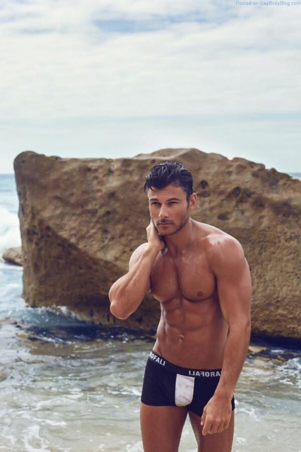 Handsome and muscled male model Daniel Garofali in his underwear at the beach