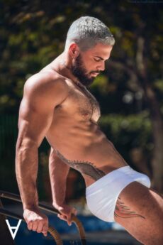 Male model Adriano Cardoso in white underwear