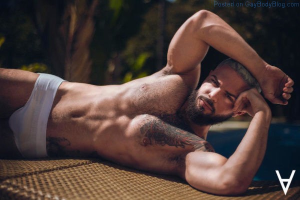 Sexy muscle bear Adriano Cardoso laying in the sun