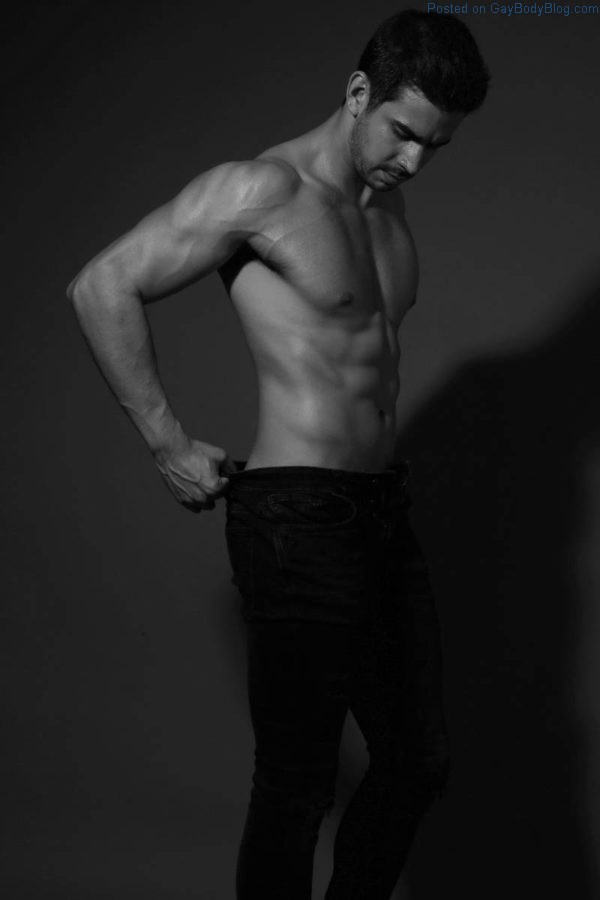 shirtless male model Eduardo Rivera in black and white